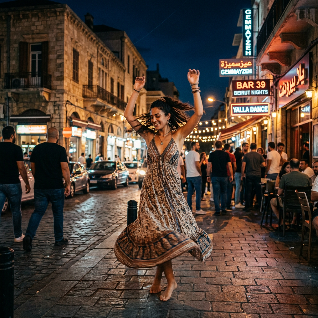 Woman dancing barefoot on a cobblestone street at night with people and neon signs in background